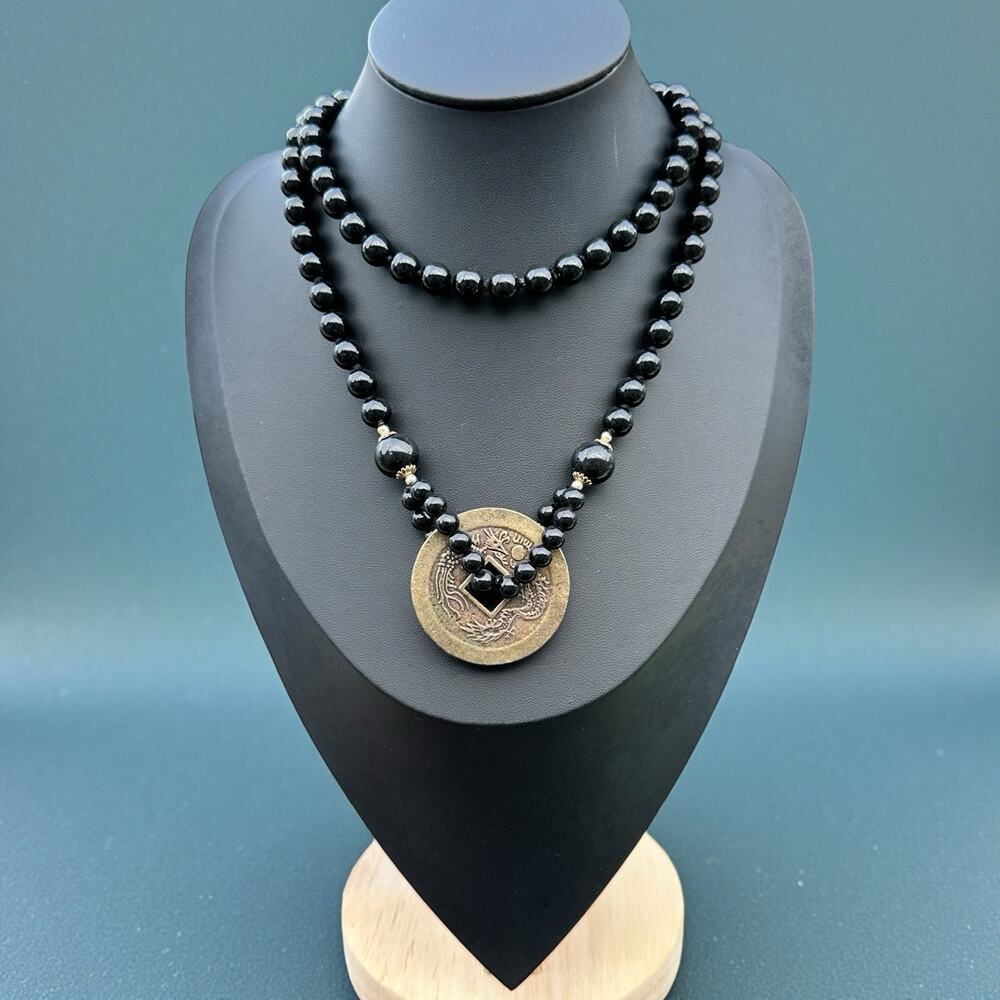 Dragon Coin Necklace Chinese Export Style Vintage Black Glass Beaded Qing Style